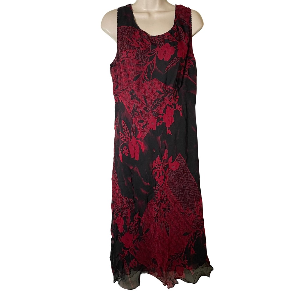 VTG Robbie Bee Womens Silk Dress Size 16 Red Black Floral Dark Romantic Y2K